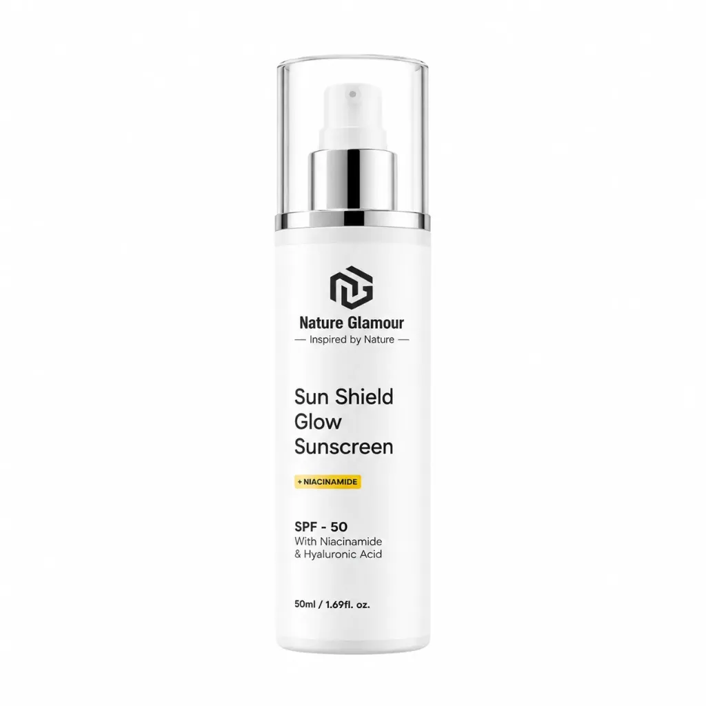 Nature Glamour Sun Shield Glow Sunscreen SPF 50 PA+++ 50ml | Niacinamide & Hyaluronic Acid Sunscreen for UV Protection & Glowing Skin
