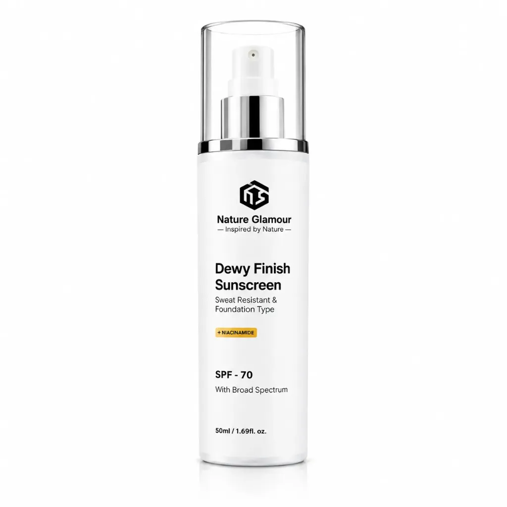 Nature Glamour Dewy Finish Sunscreen SPF 70 PA+++ 50ml | Sweat Resistant Broad Spectrum Sunscreen with Niacinamide